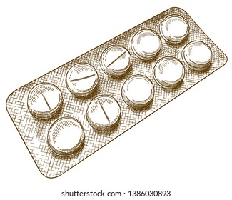 Dibujo vectorial antiguo grabado ilustración de blister con pastillas aisladas en fondo blanco