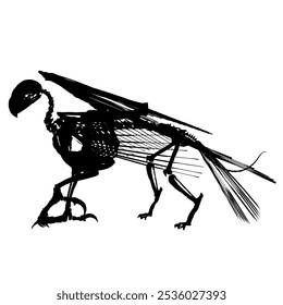 Vector antique engraving drawing illustration of silhouette bird skeleton isolated on white background. Detailed silhouette of the skeleton of an ancient bird.