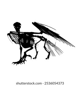 Vector antique engraving drawing illustration of silhouette bird skeleton isolated on white background. Detailed silhouette of the skeleton of an ancient bird.