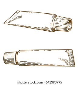 Vector antique engraving illustration of two tubes of toothpaste isolated on white background
