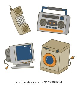 Vector Antique equipment design for graphic designer make card, website, banner, brochure, leaflet, placard, and print. Set contains phone, radio, monitor, wash machine 
