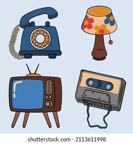 Vector Antique equipment design for graphic designer make card, website, banner, brochure, leaflet, placard, and print. Set contains corded phone, antique lamp, BW TV, cassette tape