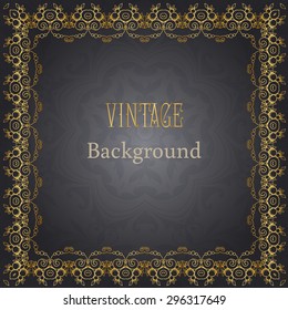 Vector antique frame on black background. Vintage gold background.