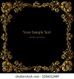 Vector antique golden frame with luxurious ornament with flowers on a black background. Decoration of the advertisement page, certificate, menu in the royal vintage style. Vector illustration eps 10