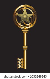 Vector antique golden key on a blac background. Vintage key.