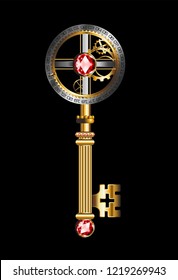 Vector antique golden key on a black background. Vintage key.
