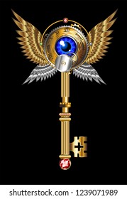 Vector antique golden key on a blac background. Vintage key.