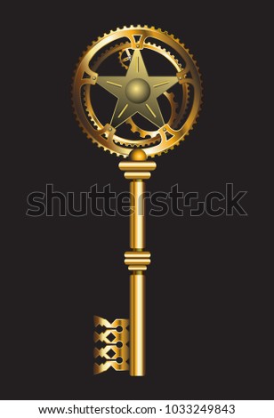 Vector antique golden key on a blac background. Vintage key.