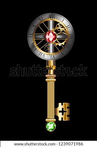 Vector antique golden key on a blac background. Vintage key.