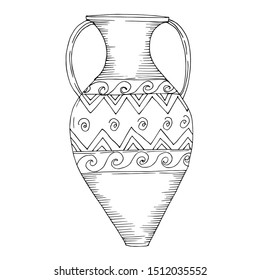 Vector Antique greek amphoras. Black and white engraved ink art. Isolated ancient illustration element on white background.
