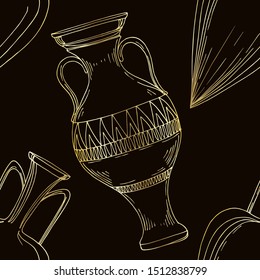 Vector Antique greek amphoras. Black and white engraved ink art. Seamless background pattern. Fabric wallpaper print texture on white background.