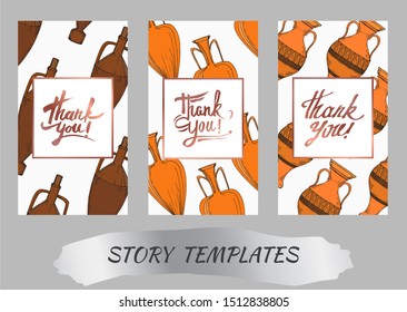 Vector Antique greek amphoras. Black and white engraved ink art. Wedding background card decorative border. Thank you, rsvp, invitation elegant card illustration graphic set banner.