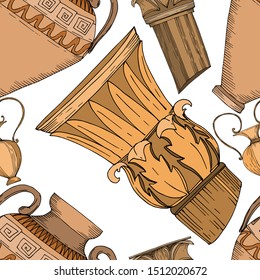 Vector Antique greek amphoras and columns. Black and white engraved ink art. Seamless background pattern. Fabric wallpaper print texture on white background.