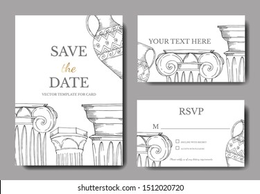 Vector Antique greek amphoras and columns. Black and white engraved ink art. Wedding background card decorative border. Thank you, rsvp, invitation elegant card illustration graphic set banner.