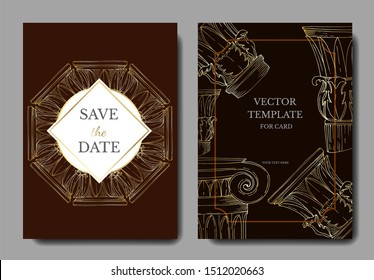 Vector Antique greek columns. Black and white engraved ink art. Wedding background card decorative border. Thank you, rsvp, invitation elegant card illustration graphic set banner.