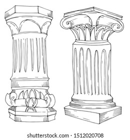 Vector Antique greek columns. Black and white engraved ink art. Isolated ancient illustration element on white background.