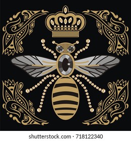 El emblema heráldico vectorial antiguo está adornado con un doodle ornamentado y una corona de joyas. Medalla de oro de bordado victoriano. Se puede usar como tatuaje, bordado, estampado para ropa o bolsas, libro de recortes.