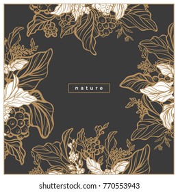 Vector antique invitation of nature branches with leaf, bean, flower Vintage bouquet Design art line illustration for greeting card, poster Royal elegant style Floral rich frame on black backgroun