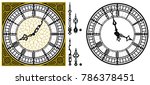 Vector antique old clock with square golden ornament roman baroque style dial numerals and clock hands. Set of antique clock hands. Vector set of tower Big Ben style clock. Gothic Vintage vector watch