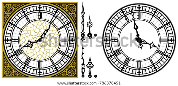 四角い金色の装飾ローマのバロック式の数字と時計の針を持つベクター古い古い時計 古い時計の針のセット タワービッグベン式時計 のベクター画像セット ゴシックビンテージベクター画像時計 のベクター画像素材 ロイヤリティフリー