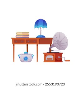Vector of antique retro items wooden furniture, tableware, books, gramophone, lamp. Old goods of vintage shop. Flat cartoon illustration of art objects. Isolated background.