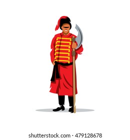 Vector Antique Russian halberdier Cartoon illustration. Medieval warrior with poleaxe. Unusual Logo template isolated on a white background