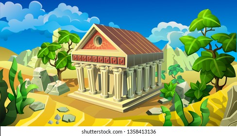 Vector antique temple with stone columns among the sands and mountains. Panorama of ancient world. 