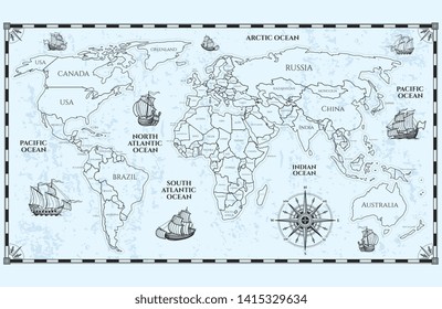 Vector antique world map with countries boundaries and ships