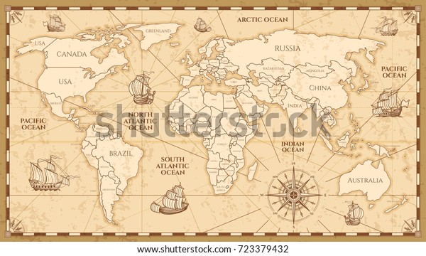 Vector antique world map with countries boundaries. Antique world vintage map, grunge america and europe illustration