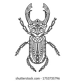 Vector antistress coloring book with beetle with horns, a series of coloring pages with insects. Coloring page with small details. Stag beetle black and white coloring line art.