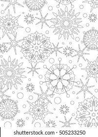 Vector anti-stress coloring book page for adult with different variations of snowflakes. winter background pattern