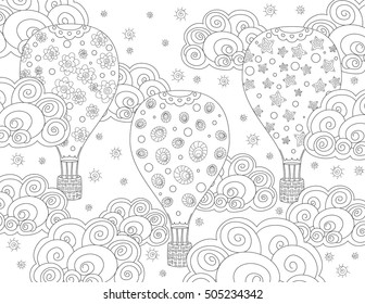 Vector anti-stress coloring book page for adult with air balloons and clouds