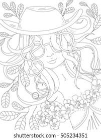Vector anti-stress coloring book page for adult with fashion girl in sunglasses and stetson hat