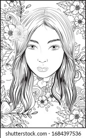 
Vector antistress coloring page for adults with beautiful girl and flowers.