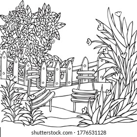 Vector antistress picture for coloring relaxing with elements flowers, chairs, landscape, fence.Vector illustration for art therapy, coloring, for greeting cards, posters, stickers, design,wallpaper