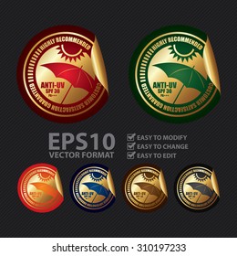 Vector : Anti-UV SPF 30 PA+++ Highly Recommended Customer Satisfaction Guaranteed Infographics Peeling Sticker, Label, Icon, Sign or Badge