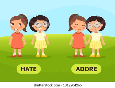 Vector antonyms and opposites. ADORE and HATE.
Card for teaching aid, for a foreign language learning
