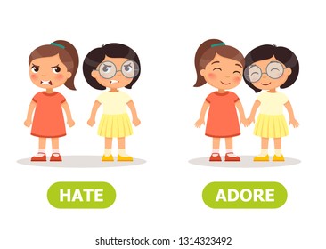 Vector antonyms and opposites. ADORE and HATE.
Card for teaching aid, for a foreign language learning
