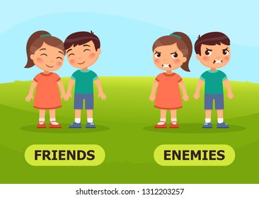 Vector antonyms and opposites. FRIENDS and ENEMIES.
Card for teaching aid, for a foreign language learning
