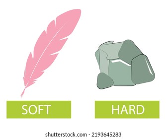 Vector antonyms and opposites. Illustrations on white background. Card for teaching aid, for a foreign language learning. Soft and Hard card.