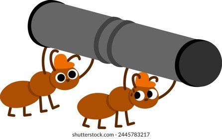 Vector ants in hard hats bringing big metal pipe. Construction site worker illustration for kids. Funny builder insect characters. Cute animal repairmen icon isolated on white background
