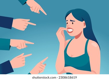 Vector of an anxious young woman judged by people. 