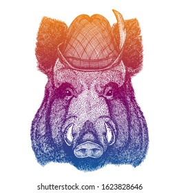 Vector aper, boar, hog, wild boar. Bavarian traditional hat. Tirol austrian hat. Beer Oktoberfest character portrait.