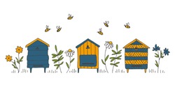 Vector Apiary, Bees, Flowers. Colored Linear Hand Drawn Illustration Is Perfect For Honey Design, Beekeeper Brand Identity, Logo, Card, Label, Wallpaper, Poster
