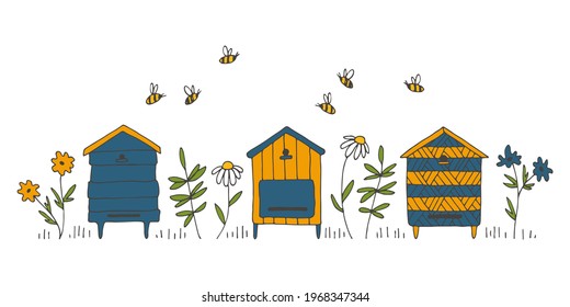 Vector apiary, bees, flowers. Colored linear hand drawn illustration is perfect for honey design, beekeeper brand identity, logo, card, label, wallpaper, poster