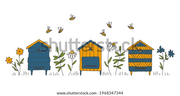 Vector apiary, bees, flowers.\
Colored linear hand drawn illustration is perfect for honey design,\
beekeeper brand identity, logo, card, label, wallpaper,\
poster