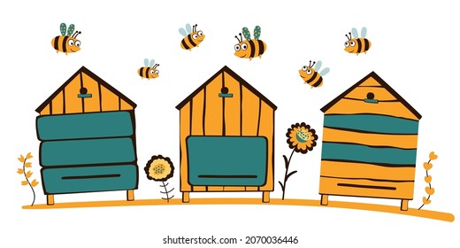 Vector apiary, bees, flowers. Flying bees. White background.