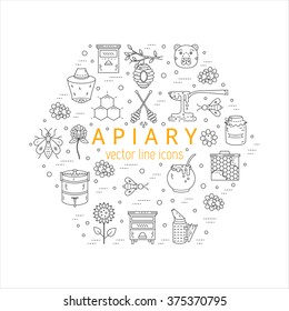 Vector apiary line icons. Apiary vector symbols. Bee, honey, bee house, honeycomb, dipper, behive, flowers, wax. Honey natural healthy food production. 