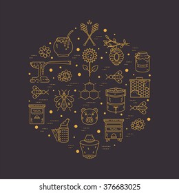Vector apiary line icons. Apiary vector symbols. Bee, honey, bee house, honeycomb, dipper, behive, flowers, wax. Honey natural healthy food production. 