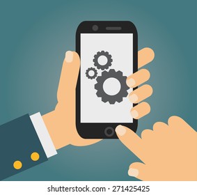Vector app development concept in flat style - mobile phone and sketch on screen - infographic design elements and icons